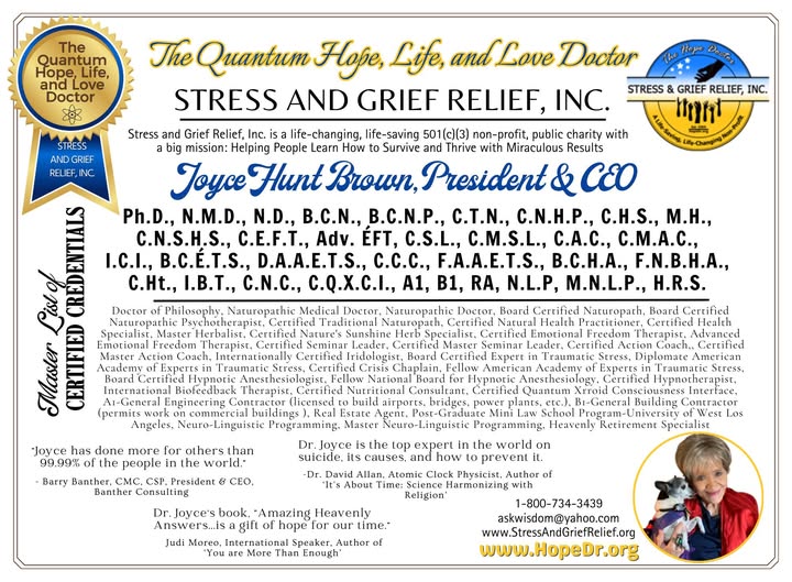 Certificate of credentials for Dr. Joyce Hunt Brown, PhD, NMD